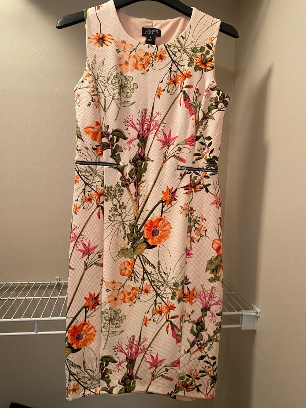 Enfocus Studio Pink Floral Sleeveless Midi Sheath Dress with decorative zippers